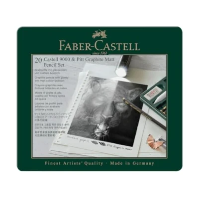 Image de Faber Castell 115224 Set de crayons Pitt Graphite Matt &amp; 9000, 20 pièces, y compris essuie papier, gomme, gomme à crayon et taille
