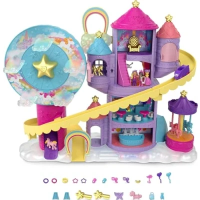 Afbeelding van Polly Pocket HBT13 rainbow unicorn fun theme park, 3 verschillende attractieparkattracties, 7 speelruimtes, 2 poppen, eenhoorns en 25 verrassingen (in totaal 30 speelstukken), vanaf 4 jaar
