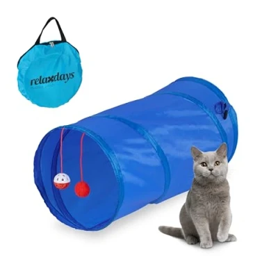 Afbeelding van Relaxdays kattentunnel met speelgoed speeltunnel katten 48 cm lang polyester blauw
