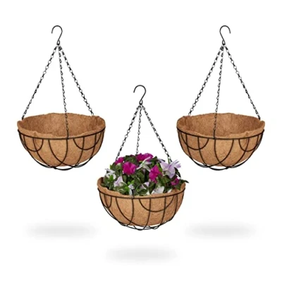 Afbeelding van Relaxdays hangende plantenmand kokos set van 3 binnen buiten hanging baskets metaal