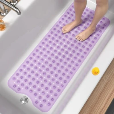 Afbeelding van HITSLAM Antislip badmat, 101 x 40 cm, extra lang, douchemat, antislip, BPA vrij, schimmelbestendig en machinewasbaar, paars