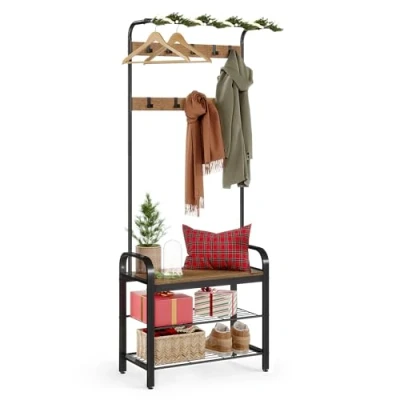 Afbeelding van VASAGLE kapstok, kledingrek, garderobe, schoenenrek met zitje, 9 afneembare haken, bankje, 2 netbodems, 183 cm hoog, walnoot bruin zwart HSR040B41