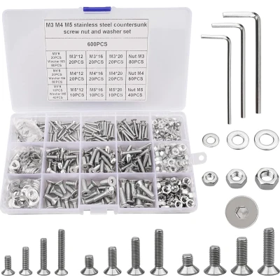 Afbeelding van 600 delige M3 M4 M5 verzonken bouten, moeren en ringen set, 304 roestvrijstalen platte kop, inbusdop, zeshoekige machineschroeven, assortimentsset met 3 gratis inbussleutels (8/12/16/20 mm)