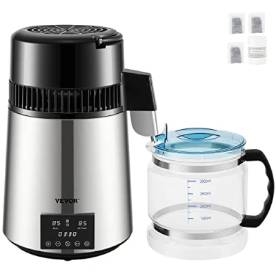 Afbeelding van VEVOR Water Distilleerder 1 L/uur 4L Destilleerketel Roestvrij Staal 750W Destilleerapparaat met Dubbele Temperatuurweergave Reinigingspoeder voor Glazen Karaf 3 Carbon Packs Zilver