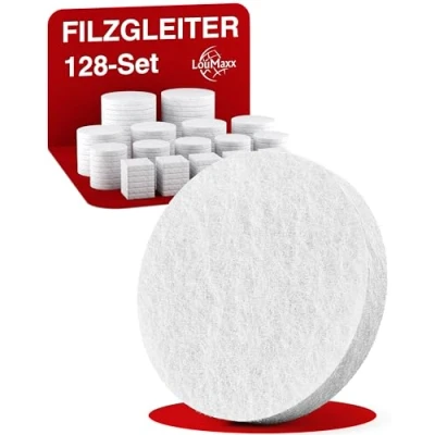 Afbeelding van LouMaxx Viltglijders, 128 stuks, wit, zelfklevend (rond en rechthoekig), viltglijders voor stoelen, meubelglijders, 3 mm dik hoge hechting, viltbescherming