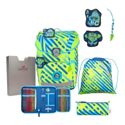 Afbeelding van DerDieDas Schooltas ErgoFlex Easy Exklusiv Neon Schulranzenset 5 delig Monster Neongroen