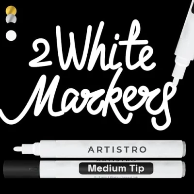 Afbeelding van ARTISTRO Set van 2 witte acrylverfstiften voor het schilderen op steen, keramiek, hout, glas, band, kunststof, medium punt 3 mm, ideaal beschrijven kunstprojecten en hobby&#039;s