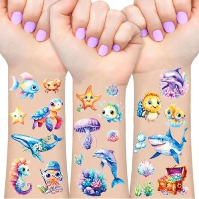 Afbeelding van Oceaan tatoeages voor kinderen, 12 vellen, tijdelijke tatoeages, glitter, decoratie, verjaardag, cadeau jongens en meisjes, waterdicht, kinderen