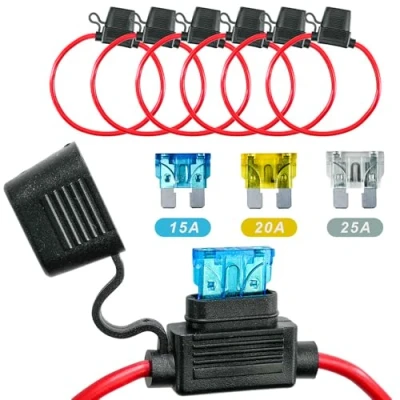 Afbeelding van Selyse 6 stuks 12 AWG zekeringhouders voor auto, vrachtwagen, motorfiets, waterdicht, met inline platte zekeringen, koperen kabel, standaard zekeringen auto/boot, 2 x 15 A, 20 25