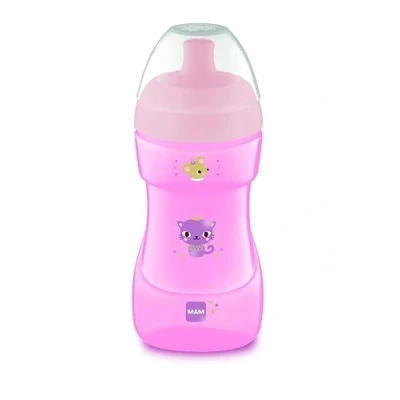 Afbeelding van MAM Leerbeker vanaf 12 maanden, 330 ml, met sportieve harde uitloop afneembaar morsventiel, gemakkelijk vast te pakken dankzij antislip en gebogen design, roze, 1 stuk