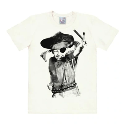 Afbeelding van Logoshirt Pippi T shirt met korte mouwen voor heren en jongens, ronde hals, origineel gelicentieerd design, lang aanhoudende hoogwaardige logoprint, katoen, vintage stijl, oudwit
