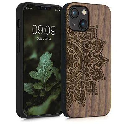 Afbeelding van kwmobile telefoonhoesje geschikt voorApple iPhone 13 mini Hoesje met bumper walnoothout In donkerbruin Opkomende Zon design