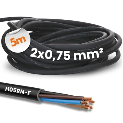 Afbeelding van Kalitec H07RN F 5 m rubberen kabel 2 x 0,75 mm² zonder beschermgeleider voor buiten elektrische zwart flexibele bouwplaatskabel uv en oliebestendig