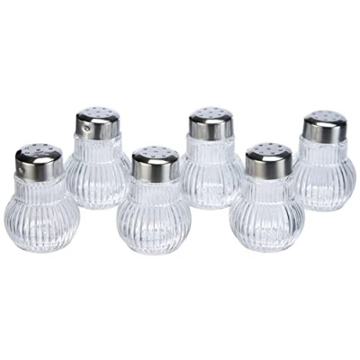 Afbeelding van Fackelmann RUBIN 6 stuks mini zoutvaatjes van glas, zout en peperstrooier, voor eenvoudige dosering (zilverkleurig/transparant)
