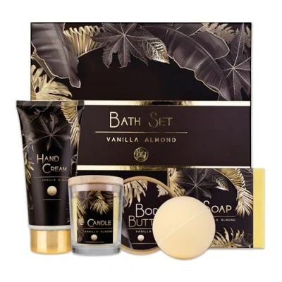 Afbeelding van accentra Luxe cadeauset voor dames, 5 delig, badset, cadeau met geurkaars, zeep, handcrème, boter en badbom, wellnessset vrouwen meisjes