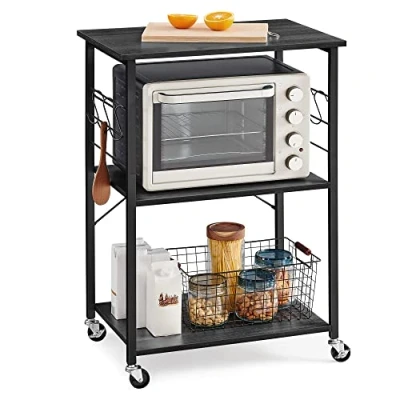 Afbeelding van VASAGLE Keukenrek met wieltjes, trolley 3 niveaus, houder voor magnetron, oven, broodrooster, metalen frame 6 haken, industrieel, houtzwart KKS060B42