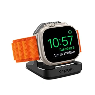 Afbeelding van Spigen Rugged Armor laadstation compatibel met Apple Watch Charger Stand Ultra 2/Ultra, Series 10/9/8/SE2/7/6/SE/5/4 (49/46/45/44/42/41/40mm) stabiele antislip basis, zwart