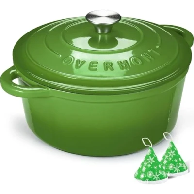 Image de Overmont Cocotte en fonte émaillée Casserole de 4,5 l avec couvercle Livre cuisine et maniques coton Batterie robuste pour braiser, ragoûts, rôtir cuire du pain (vert)