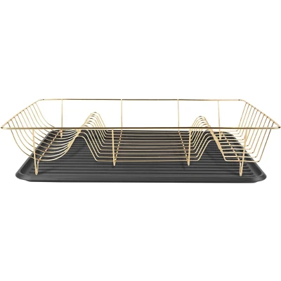 Afbeelding van Present Time Afdruiprek Linea Verguld met Mat Zwarte tray 49x32x9,5cm Scandinavisch
