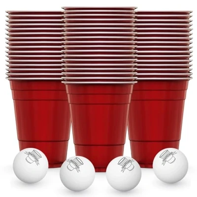 Afbeelding van RedCupShop® 50 rode bekers en 4 ballen, vaatwasmachinebestendig herbruikbaar, 473 ml, feestbekers