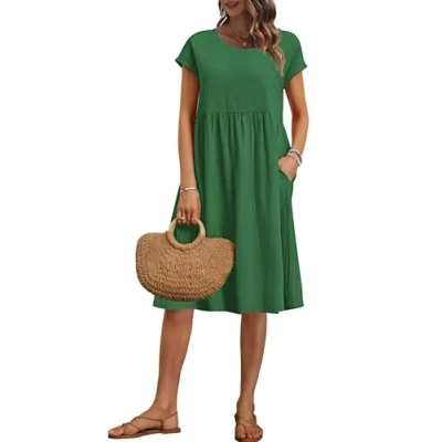 Afbeelding van AUSELILY Dames zomerjurk met korte mouwen en ronde hals zakken, Donkergroen, XL