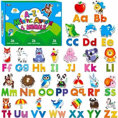 Afbeelding van 78 magnetisch alfabet, 26 hoofdletters, kleine letters en objectmotieven, schattige dierenalfabet ABC koelkastmagneten educatieve brief spelling leren speelgoed set