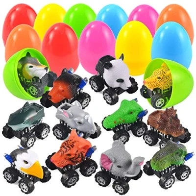 Afbeelding van JOYIN 12 enorme paaseieren met dieren voorgevuld truien back cars, paasmand Stuffers, cadeaus voor feest, Pasen kinderen