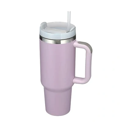 Afbeelding van thermosbeker van roestvrij staal, 1200 ml, dubbelwandige met handvat en rietje, voor koffie reizen, koude warme dranken, paars