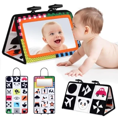Afbeelding van Vicloon Spiegel voor baby&#039;s met kneedboek, speelgoed spiegel, opvouwbaar en grappig, zachte stof, educatief kinderen van 0 tot 12 maanden
