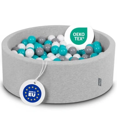 Afbeelding van KiddyMoon OK30D 009 ballenbad 90 x 30 cm/200 ballen diameter 7 cm met kleurrijke voor baby&#039;s en kinderen, rond, lichtgrijs: grijs/wit/turquoise