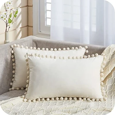 Afbeelding van Topfinel Fluweel Kussenslopen met Bal Eenkleurige Zitkussen Decoratief Kussen Sofa Slaapkamer Kantoor Auto Decoratieve Kussenhoes Hoofdkussen 30x50cm,Beige