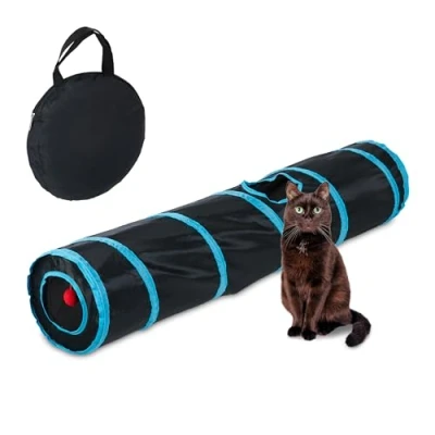 Afbeelding van Relaxdays kattentunnel opvouwbaar 3 gaten 115 cm nylon speeltunnel kat balletje