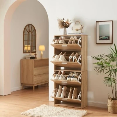 Afbeelding van Schoenenkast Sykkylven 4 kleppen sonoma eiken 134x60x24 cm [en.casa]
