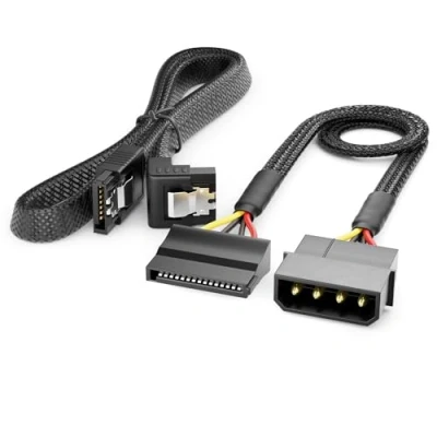 Afbeelding van deleyCON 30 cm Molex kabelset 4 polig naar SATA 15 met schuine kabel 60 3 6 Gbit/s datakabel HDD SSD moederbord harde schijf pc voeding zwart