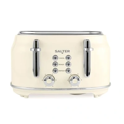 Afbeelding van Salter Retro broodrooster 4 sneden brede sleuven, 6 bruiningsniveaus, ontdooien, opwarmen, annulering, uitneembare kruimellade, automatische centrering, 1630 W, crème,