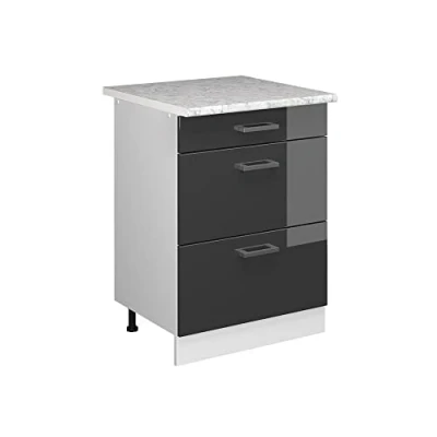 Afbeelding van Vicco Keukenonderkast R Line, Antraciet Hoogglans/Wit, 60 cm met laden, marmeren werkblad