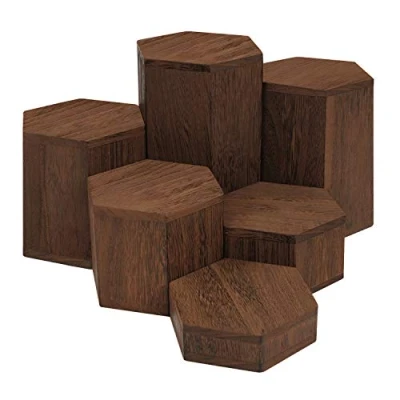 Afbeelding van Belle Vous Houten Hexagonale Display Risers (6 Pak) Standaarden Voor Planken en Balies Stapsgewijze Plinten Sieraden, Verkoop, Miniaturen, Cupcakes Desserts