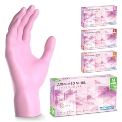 Afbeelding van Arnomed Roze wegwerphandschoenen, nitril handschoenen, maat M, wegwerphandschoenen met 100 stuks/doos, poedervrij en latexvrij, in XS, S, M &amp; L