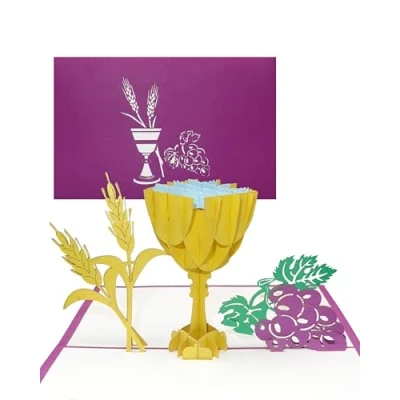 Afbeelding van 3D pop up kaart voor communie &quot;Kelk &amp; Druiven&quot; confirmatiekaart meegeefcadeautje geld en cadeau idee de eerste communie, bevestiging jongens meisjes