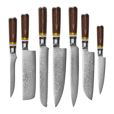 Afbeelding van Micarta Jewels 7 delige Damascus Messenset + Acacia houder enkelzijdig