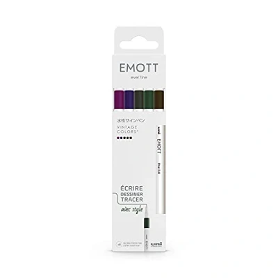 Afbeelding van Emott Uni Ball Mitsubishi Pencil zakje met 5 vintage kleurstiften om te schrijven, tekenen, tekenen stijl. fijne punt 0,4 mm bruin, grijs, amethist, paars, kaki groen