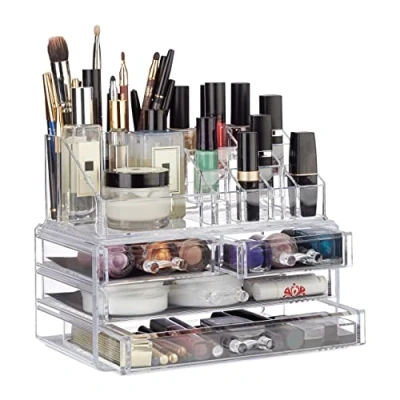 Afbeelding van Relaxdays Make up Organizer Tweedelig Cosmetica Opbergdoos Transparant