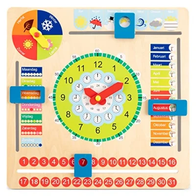 Afbeelding van New Classic Toys Houten Kalenderklok Leer Klokkijken Leerklok Weet jij welke dag het is? Hoe laat is het? Schijnt de zon?