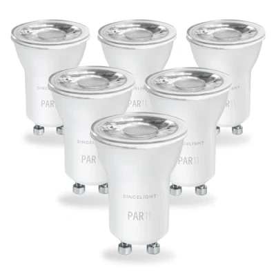 Afbeelding van SINCELIGHT Set van 6 kleine GU10 LED PAR11 mini reflectorlampen Ø 35 mm met basis, 3 W, warm wit (2700 K), graden stralingshoek, komt overeen 25 W halogeenlamp