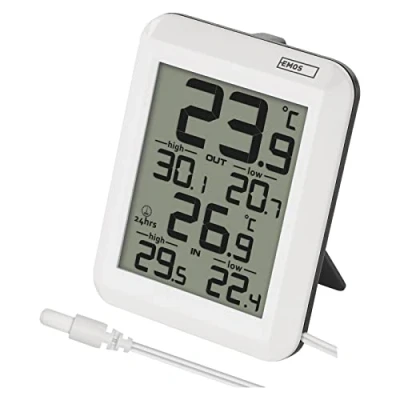 Afbeelding van EMOS Digitale thermometer voor buiten/binnen met 0,9 m kabelsensor en 24 uur geheugenfunctie, C/F, werkt op batterijen