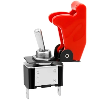 Afbeelding van Heschen metalen tuimelschakelaar flick flip, 12V 20A, SPST, AAN/UIT 2 standen, pins, met rode waterdichte dop