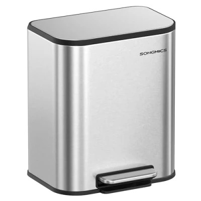 Afbeelding van SONGMICS afvalemmer voor de keuken, pedaalemmer 20 l, van staal, deksel met zachte sluiting, blijft open, binnenemmer, breed antislip pedaal, metallic zilver LTB542E20