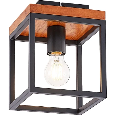 Afbeelding van Lindby plafondlamp 1licht staal, eikenhout H: 22.5 cm E27 eiken, zwart