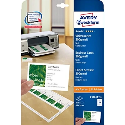 Afbeelding van Avery Zweckform C32011 25 Bedrukbare visitekaarten, gladde kant 85 x 54 mm Wit 250 stuk(s) Papierformaat: DIN A4