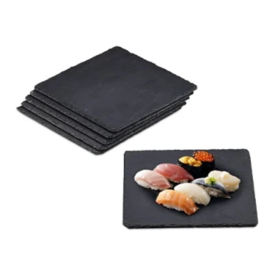 Afbeelding van Relaxdays Leisteen serveerplank 25x25 cm 6 stuks onderzetter sushi bord vierkant